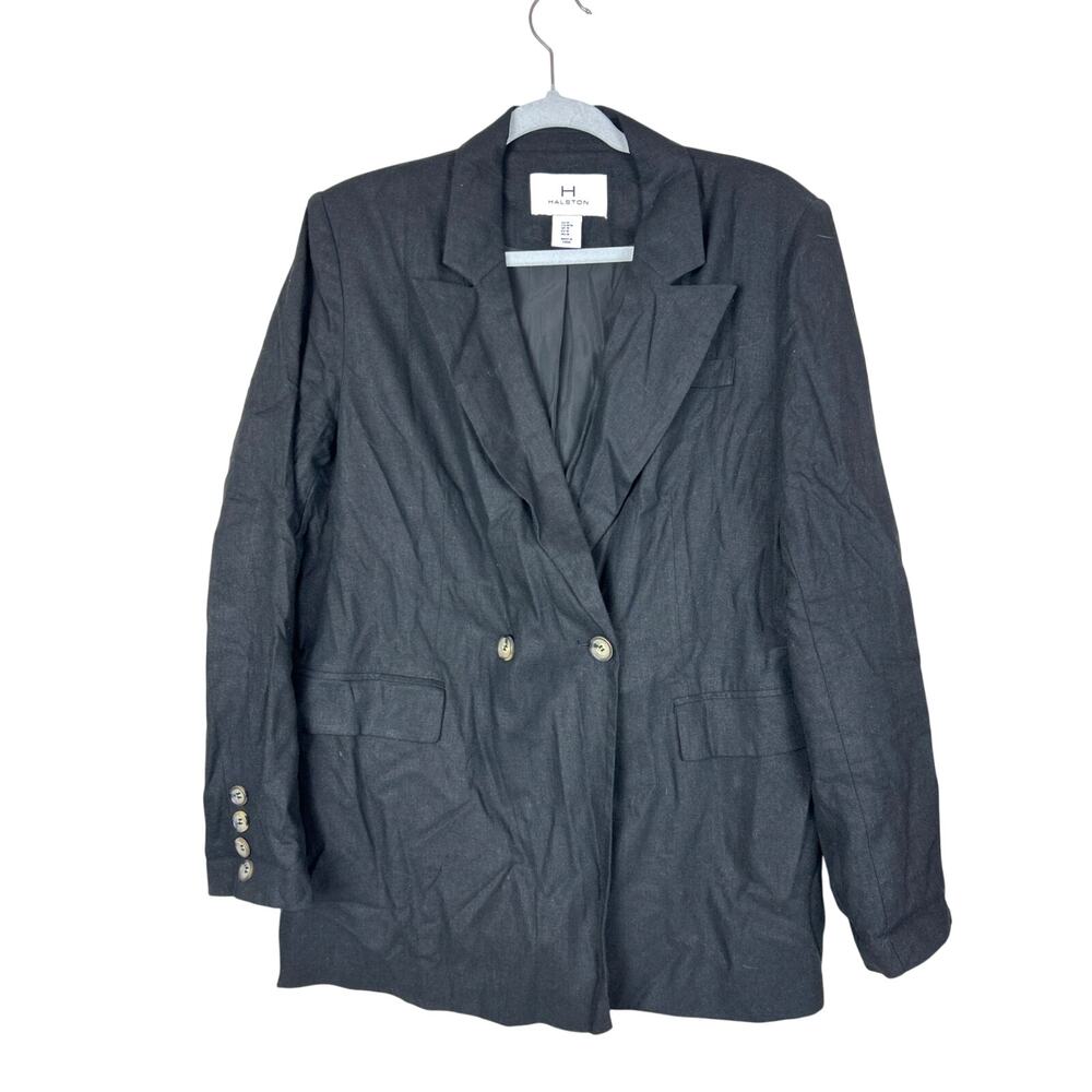 H By Halston Womens M Black Linen Blend Button Up Tailored Blazer Jacket